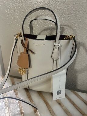 Tory Burch Creamy Beige Pebbled Leather Perry Mini Tote with Tan Charm